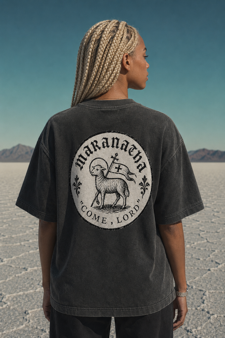 Smoky Black Christian t-shirt — victorious Lamb with resurrection banner back print — Lamb Seal Tee