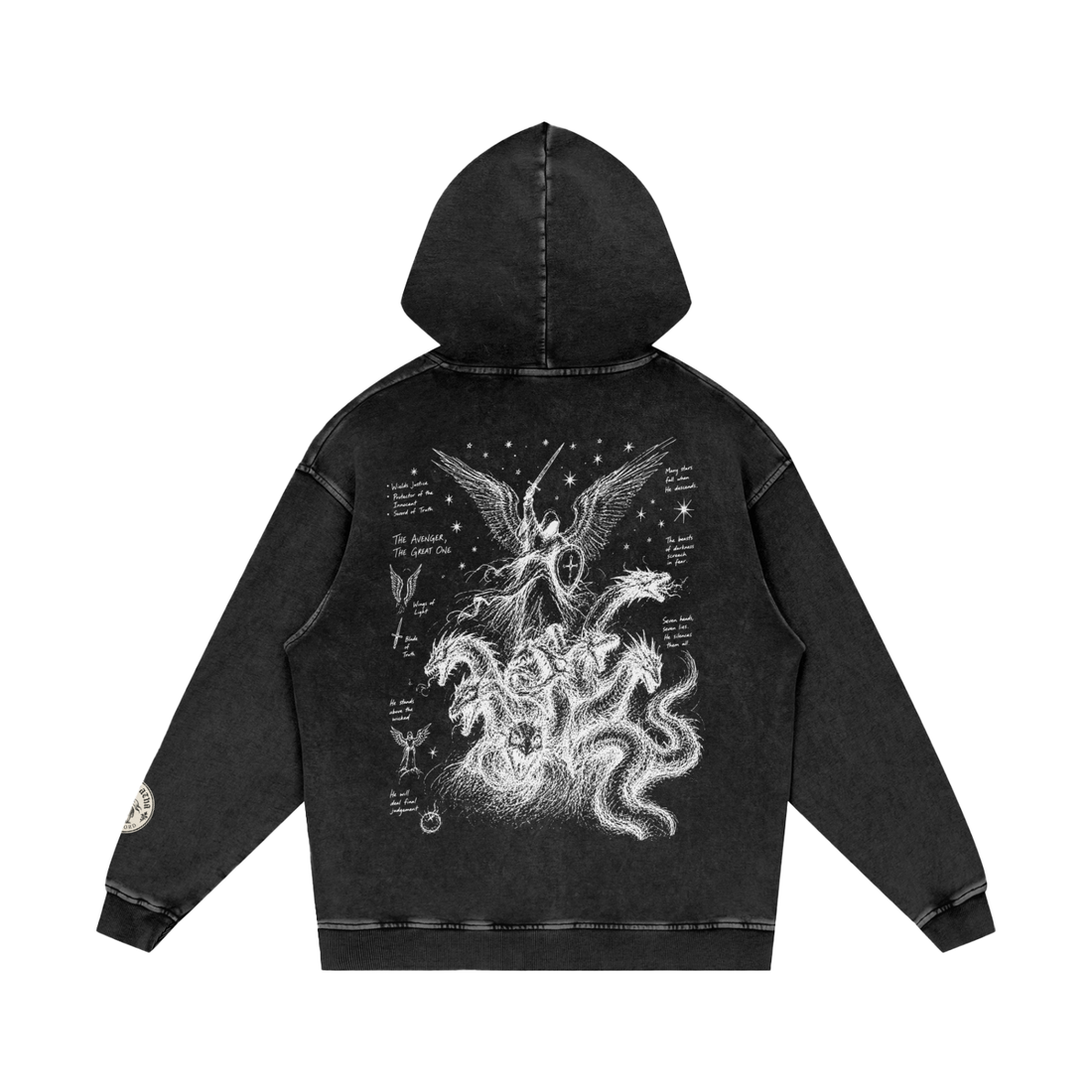 Smoky Black Christian hoodie — Michael and dragon back print, flat lay — Archangel Michael Hoodie