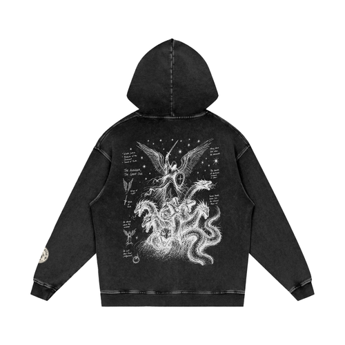 Smoky Black Christian hoodie — Michael and dragon back print, flat lay — Archangel Michael Hoodie