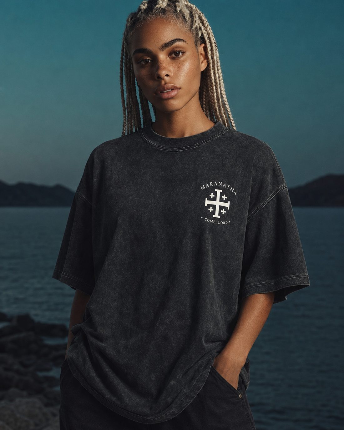 Smoky Black Christian t-shirt — Jerusalem Cross chest crest, front view — Jerusalem Cross Tee
