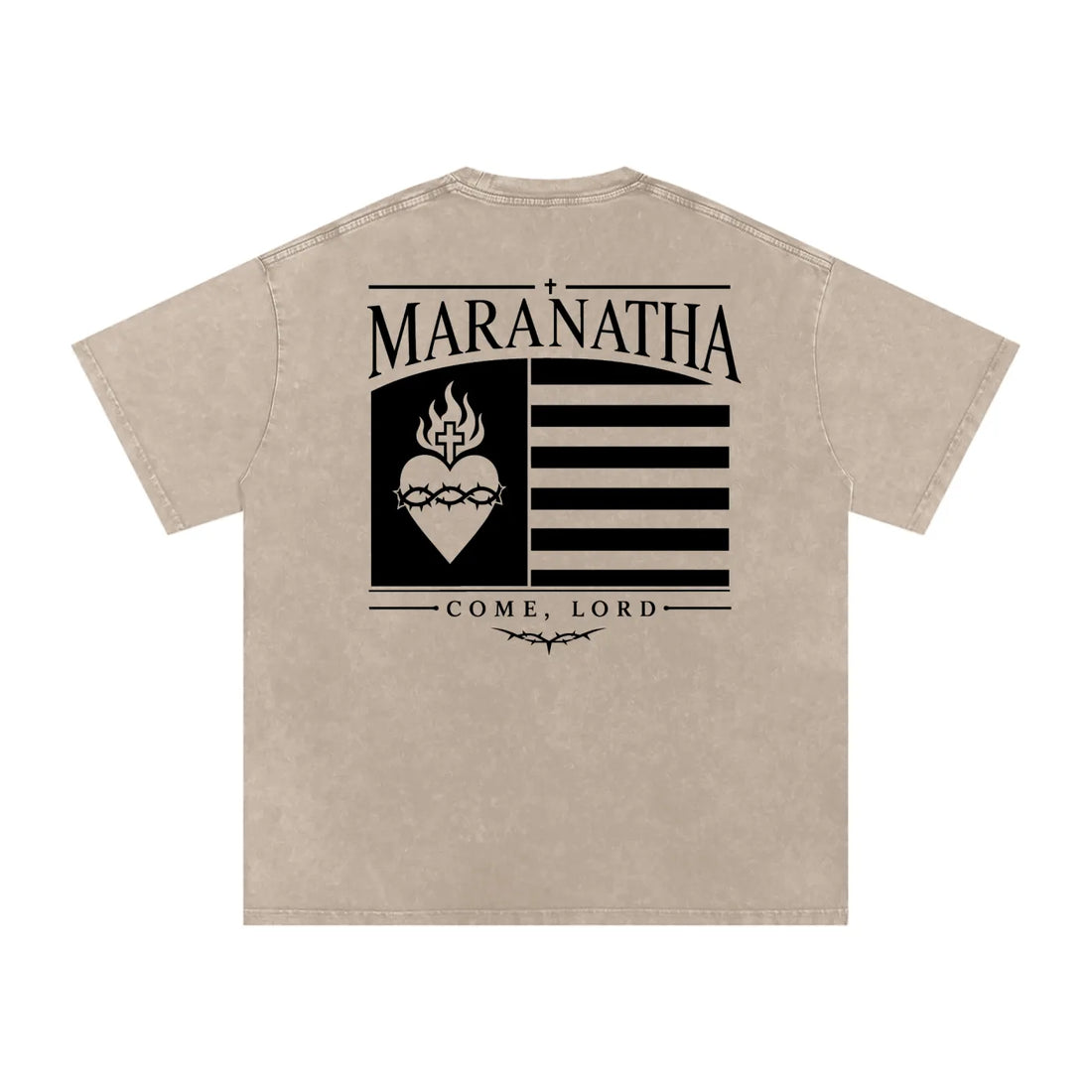 Sandy Khaki Christian t-shirt — Sacred Heart devotional plate back print, flat lay — Sacred Heart Tee