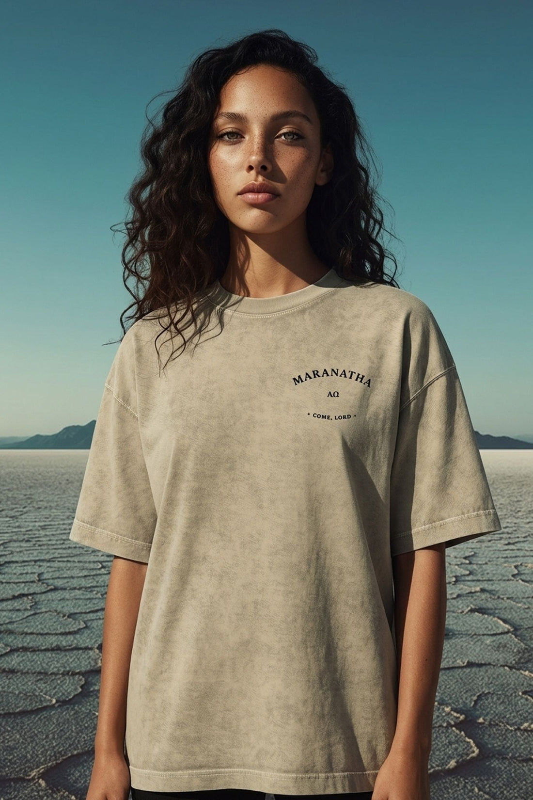Sandy Khaki Christian t-shirt — Maranatha chest mark, front view — Victory Over Death Tee