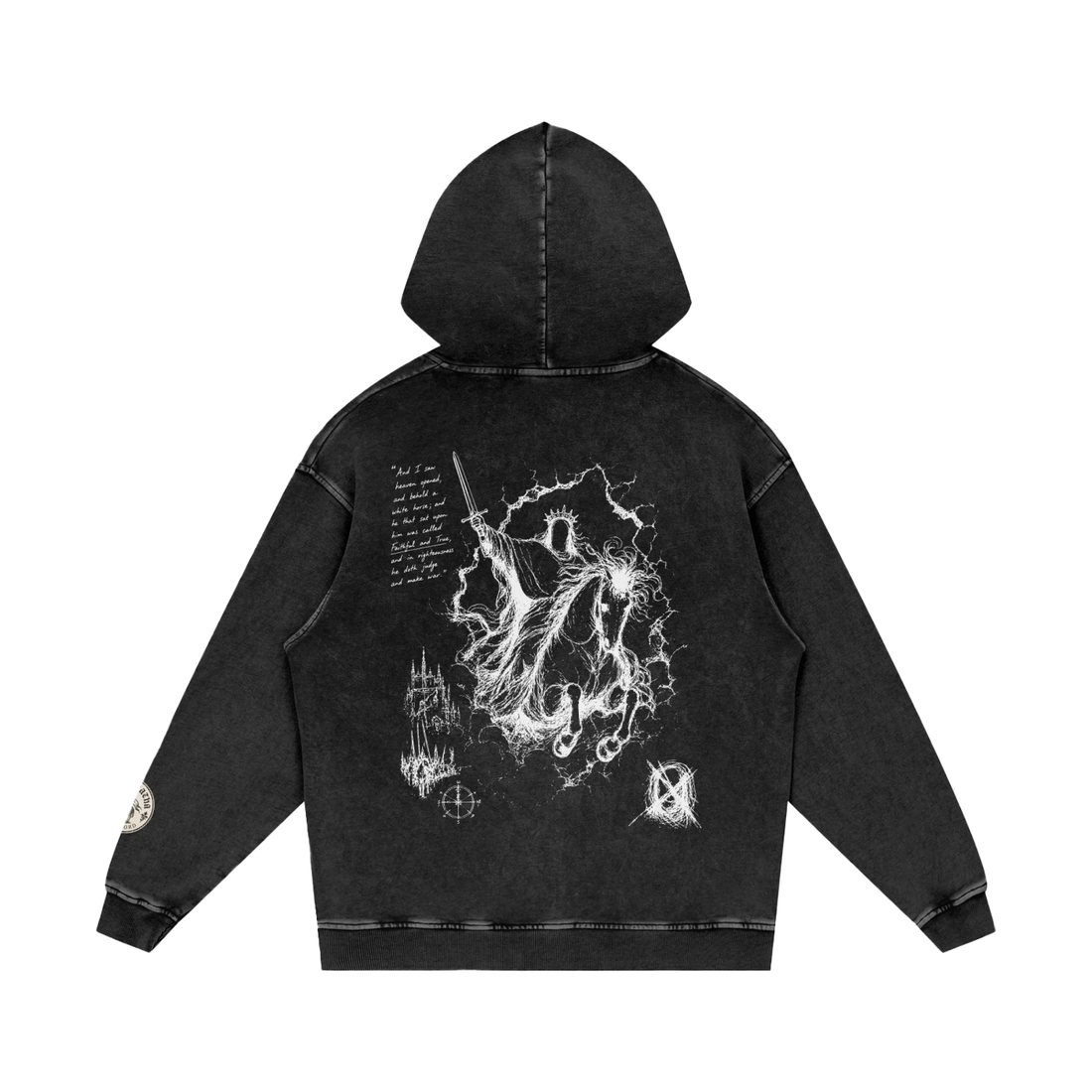 Smoky Black Christian hoodie — Rider on the white horse back print, flat lay — Faithful & True Hoodie