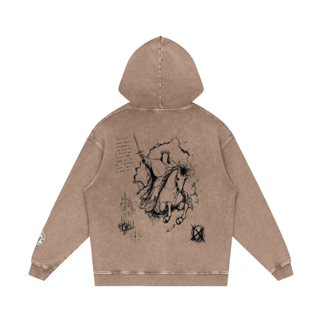 Sandy Khaki Christian hoodie — Rider on the white horse back print, flat lay — Faithful & True Hoodie