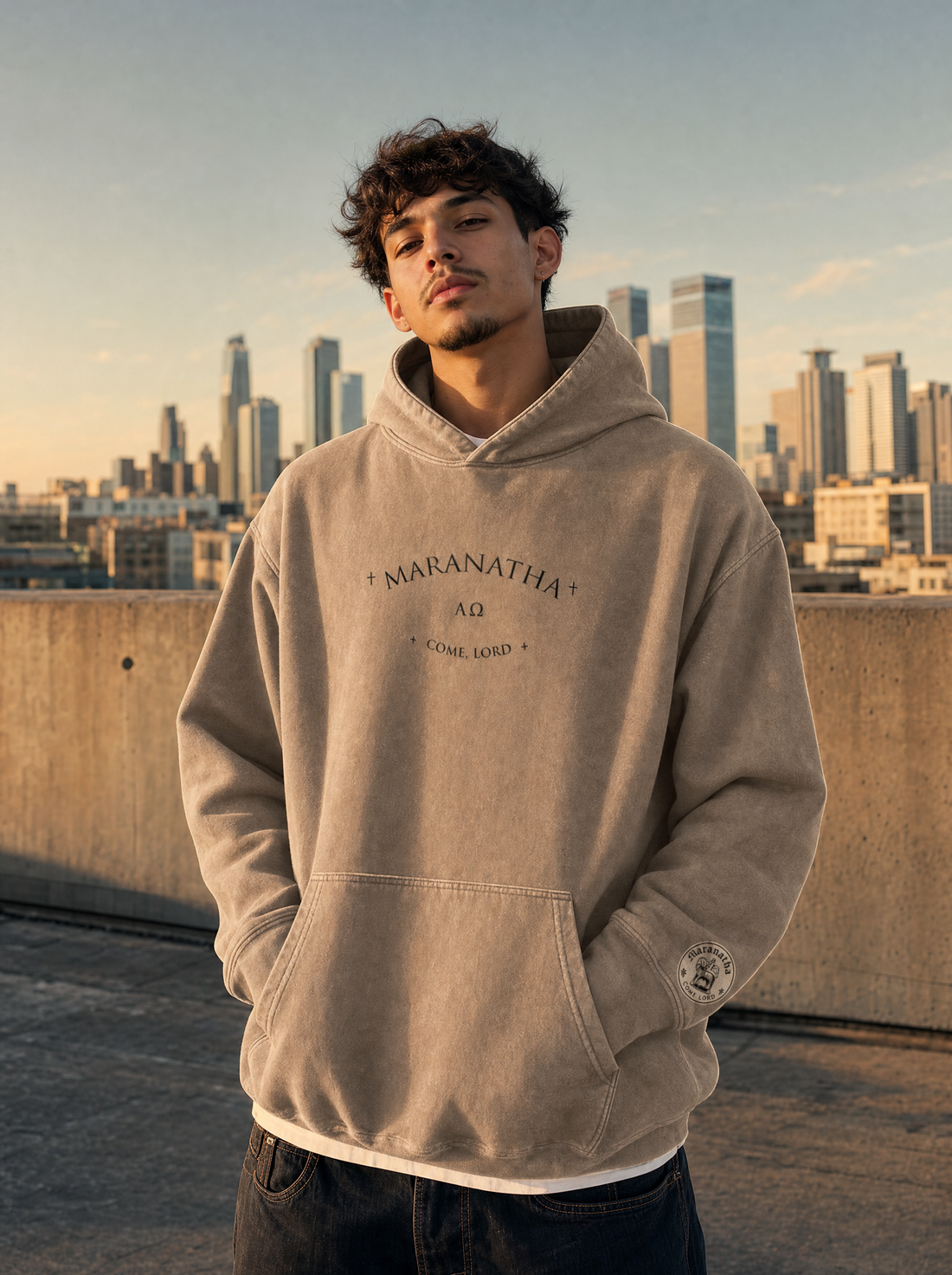 Sandy Khaki Christian hoodie — Maranatha chest mark, front view — Faithful & True Hoodie