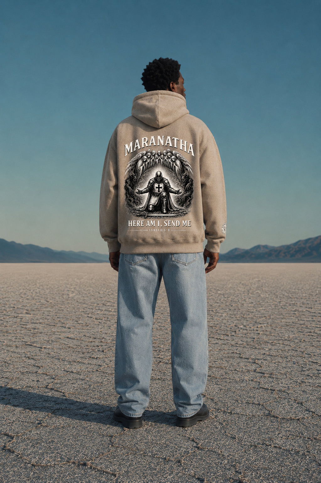 Sandy Khaki Christian hoodie — kneeling figure answering the call back print — “Send Me” Hoodie