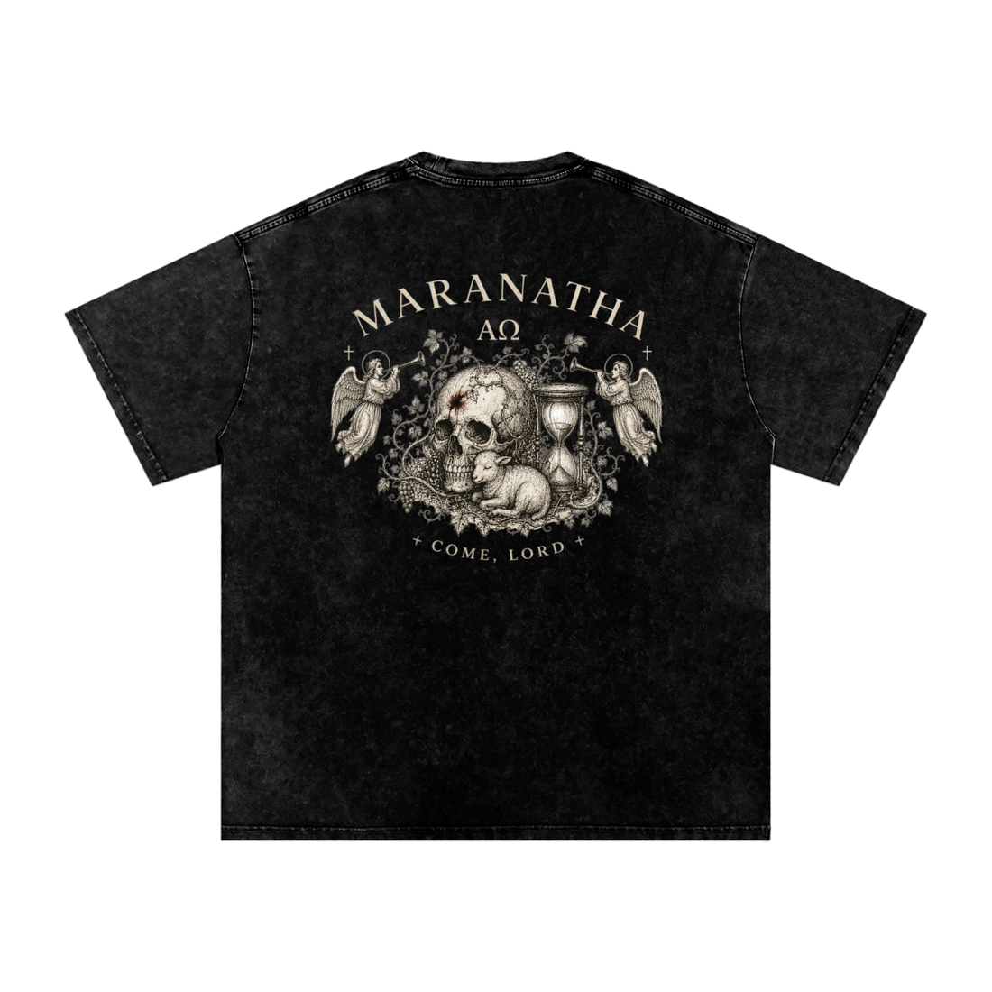 Smoky Black Christian t-shirt — memento mori back print, flat lay — Victory Over Death Tee