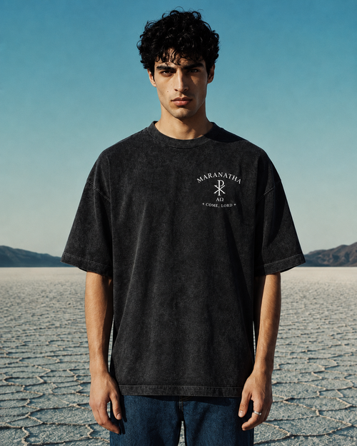Smoky Black Christian t-shirt — Chi-Rho chest seal, front view — Chi-Rho Tee