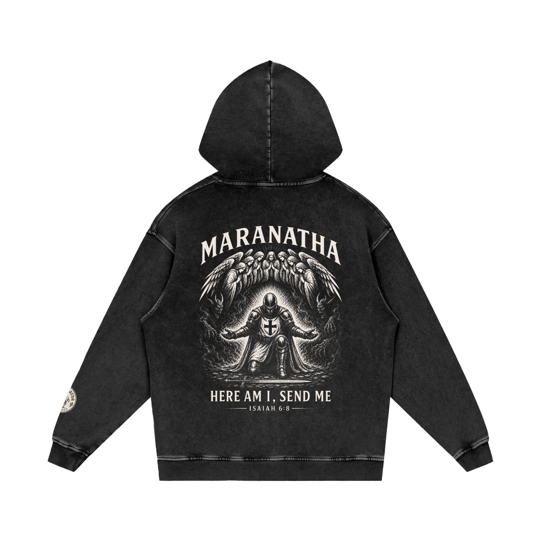Smoky Black Christian hoodie — kneeling figure back print, flat lay — “Send Me” Hoodie