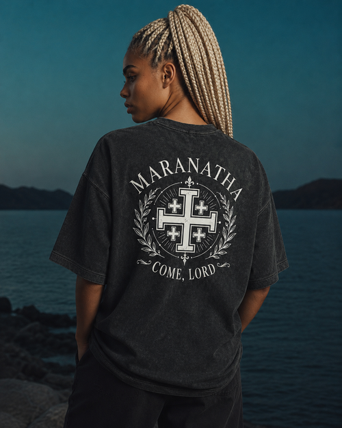 Smoky Black Christian t-shirt — Jerusalem Cross in laurel wreath back print — Jerusalem Cross Tee