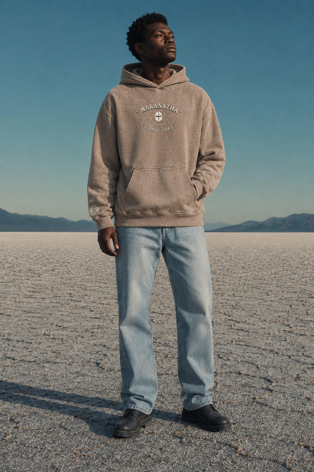 Sandy Khaki Christian hoodie — Maranatha chest mark, front view — “Send Me” Hoodie