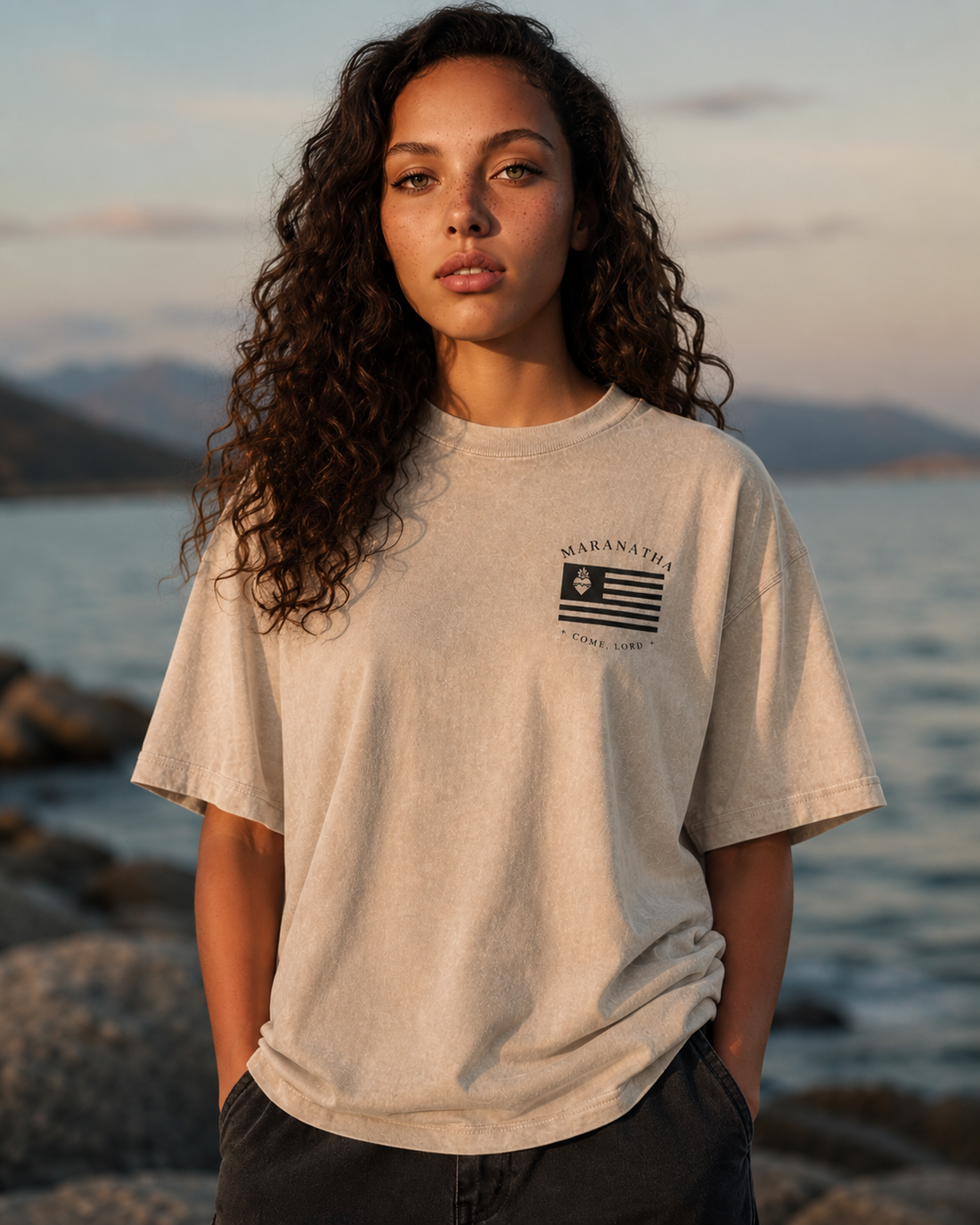 Sandy Khaki Christian t-shirt — Sacred Heart chest crest, front view — Sacred Heart Tee