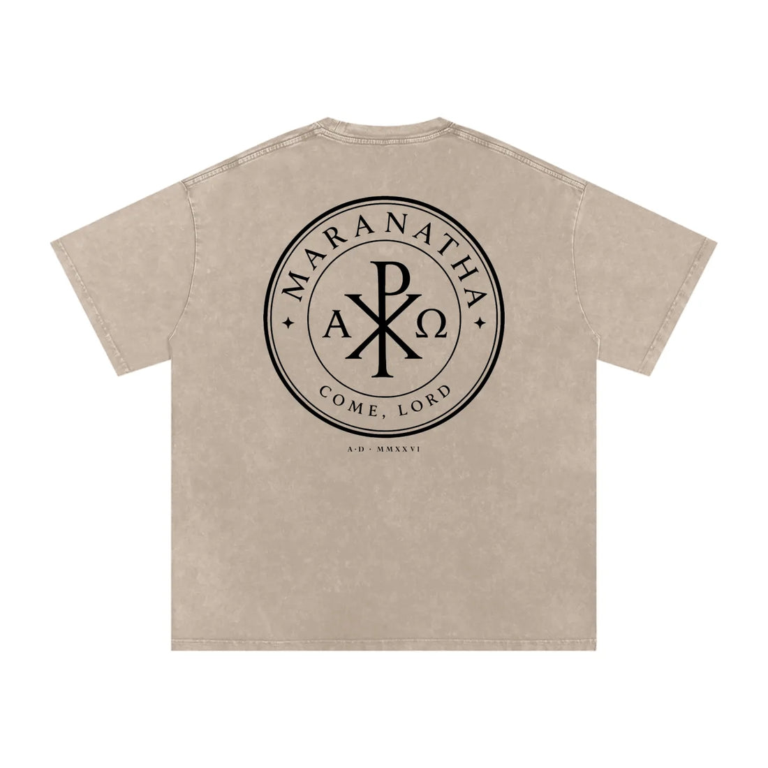 Sandy Khaki Christian t-shirt — Chi-Rho seal back print, flat lay — Chi-Rho Tee