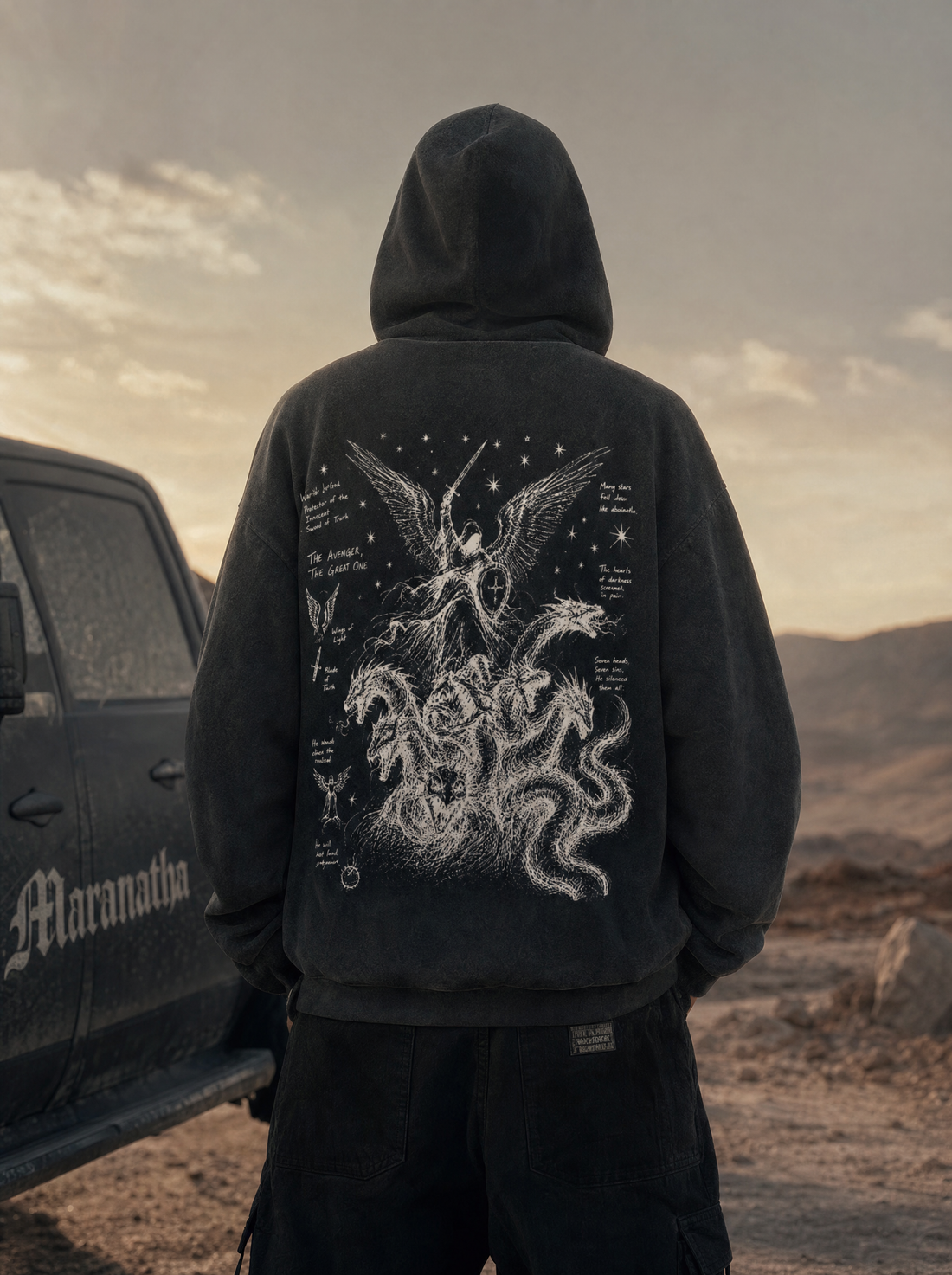 Smoky Black Christian hoodie — Michael with sword against the dragon back print — Archangel Michael Hoodie