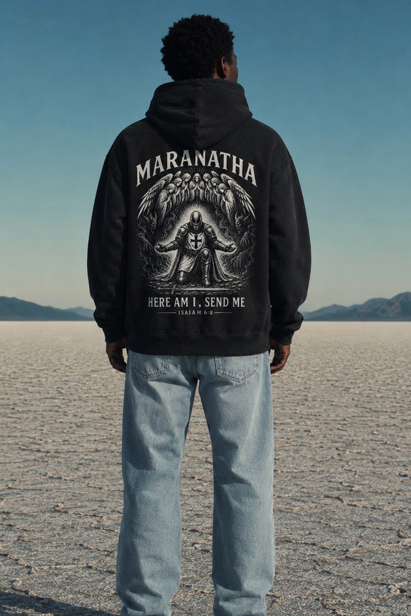 Smoky Black Christian hoodie — kneeling figure answering the call back print — “Send Me” Hoodie