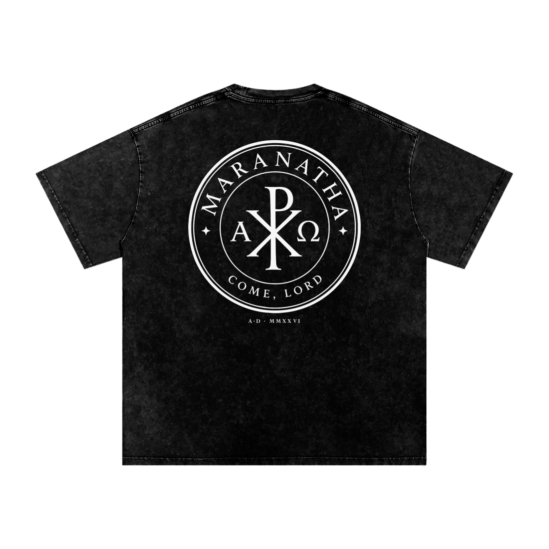 Smoky Black Christian t-shirt — Chi-Rho seal back print, flat lay — Chi-Rho Tee