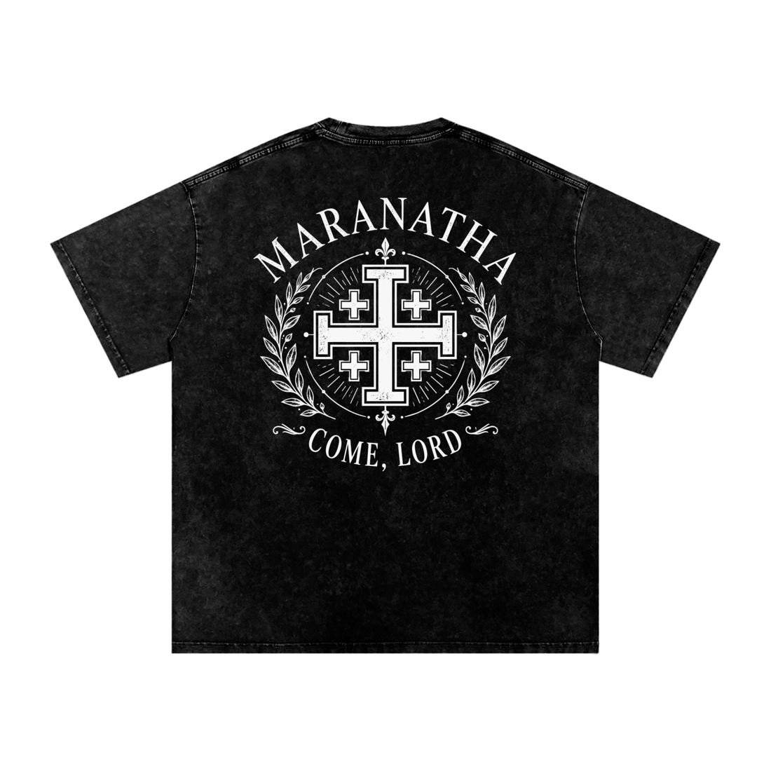 Smoky Black Christian t-shirt — Jerusalem Cross back print, flat lay — Jerusalem Cross Tee
