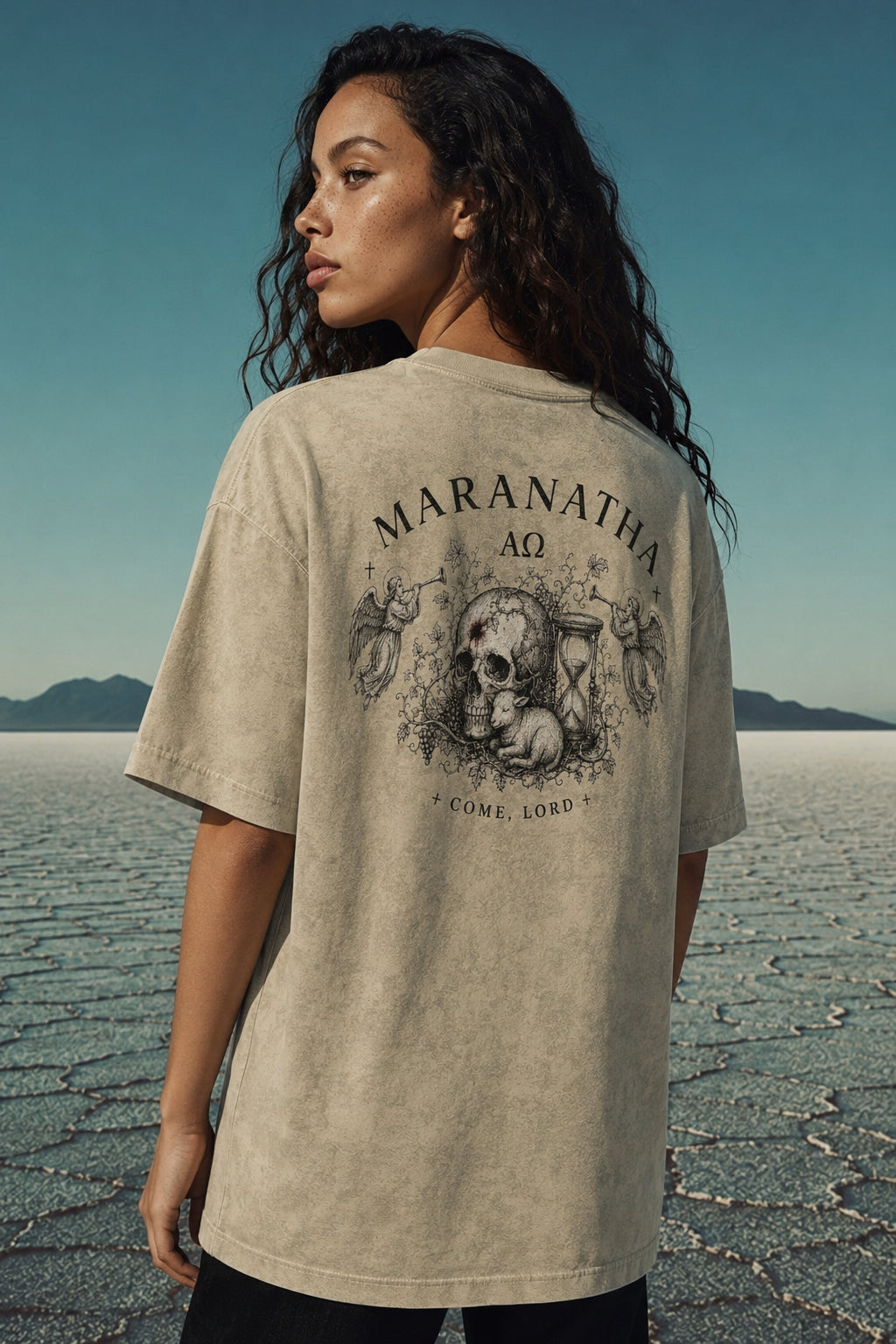 Sandy Khaki Christian t-shirt — skull, lamb, and hourglass memento mori back print — Victory Over Death Tee