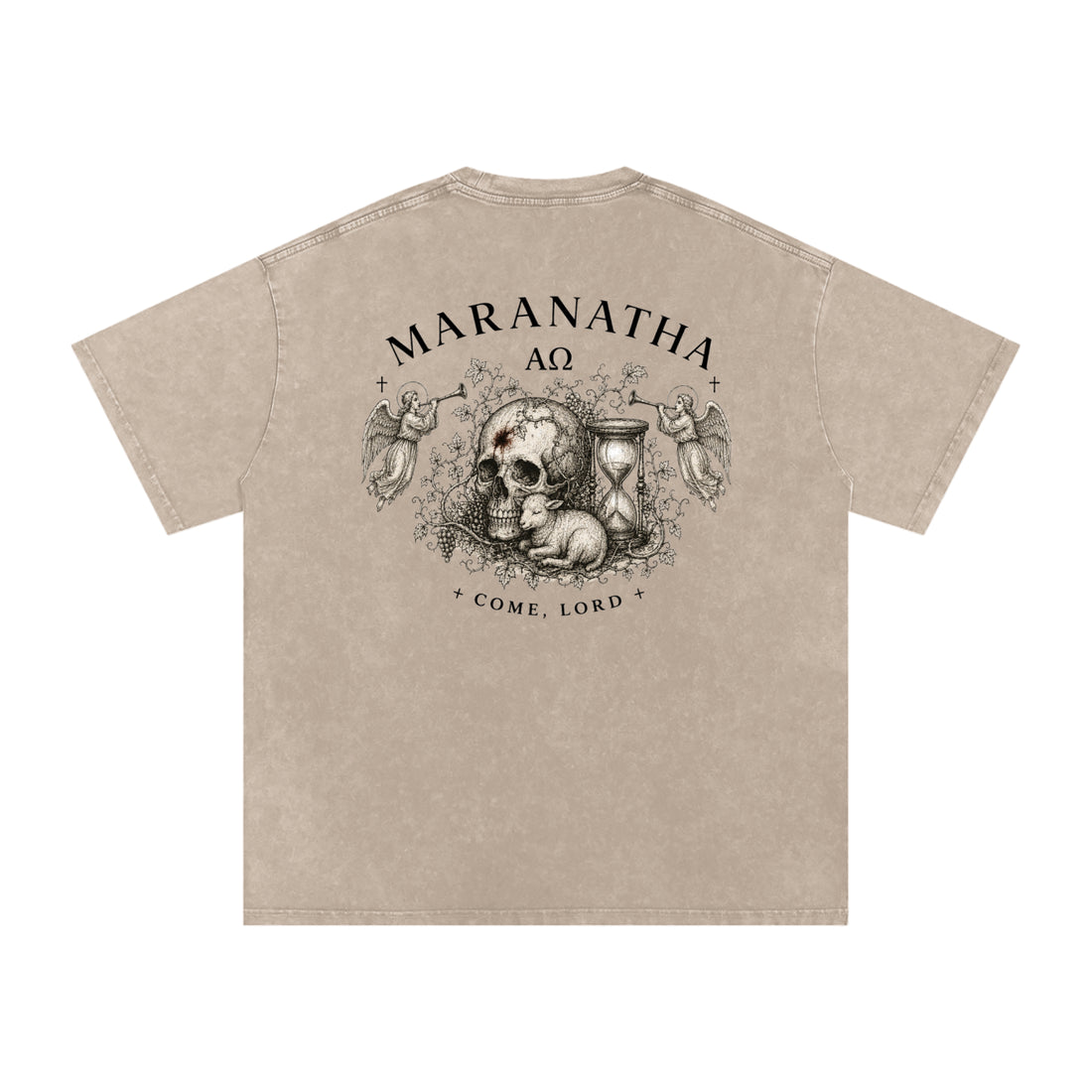 Sandy Khaki Christian t-shirt — memento mori back print, flat lay — Victory Over Death Tee