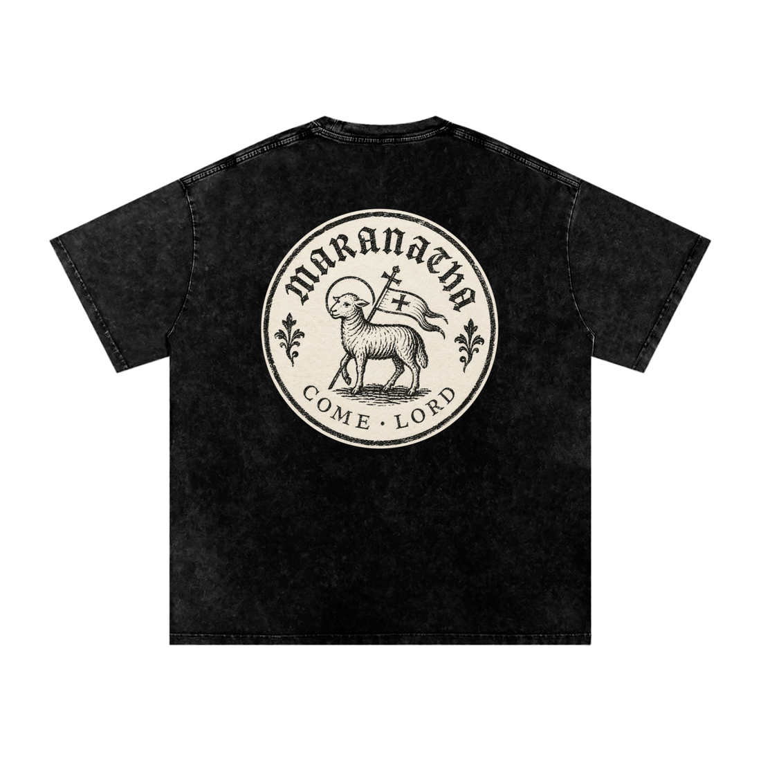 Smoky Black Christian t-shirt — victorious Lamb back print, flat lay — Lamb Seal Tee