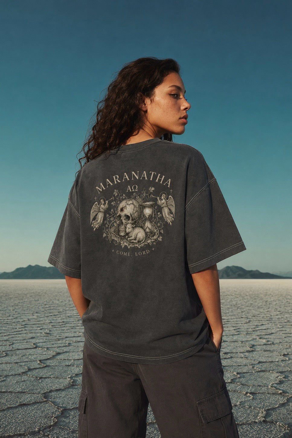 Smoky Black Christian t-shirt — skull, lamb, and hourglass memento mori back print — Victory Over Death Tee