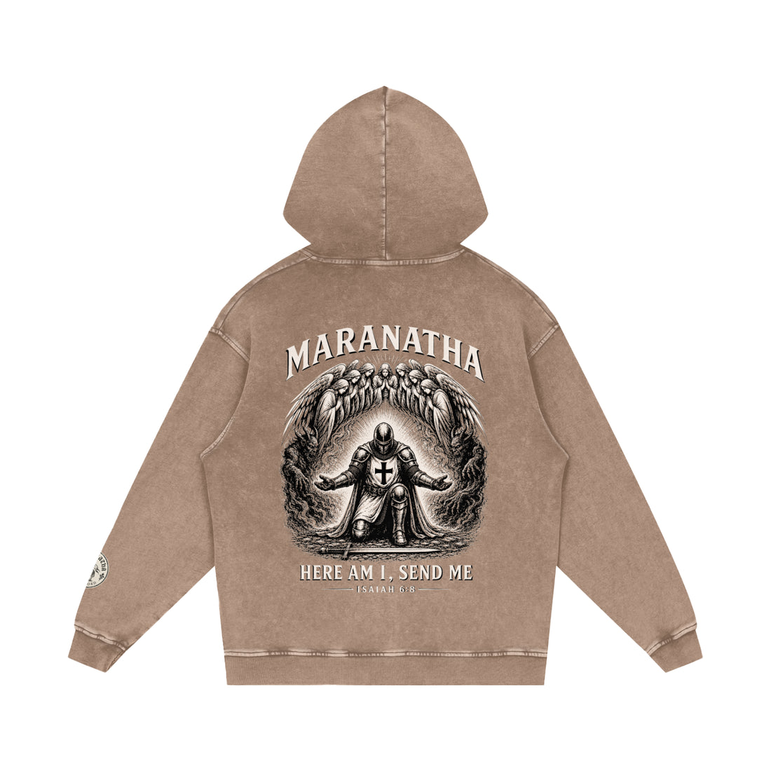 Sandy Khaki Christian hoodie — kneeling figure back print, flat lay — “Send Me” Hoodie