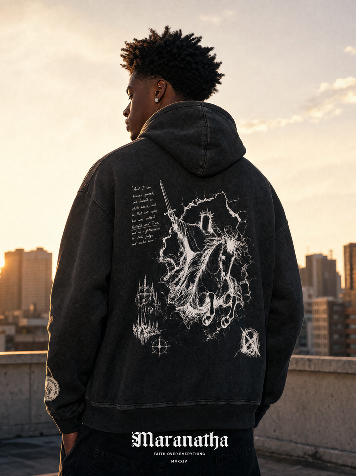 Smoky Black Christian hoodie — Rider on the white horse back print — Faithful & True Hoodie