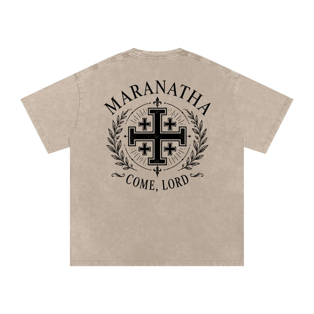 Sandy Khaki Christian t-shirt — Jerusalem Cross back print, flat lay — Jerusalem Cross Tee