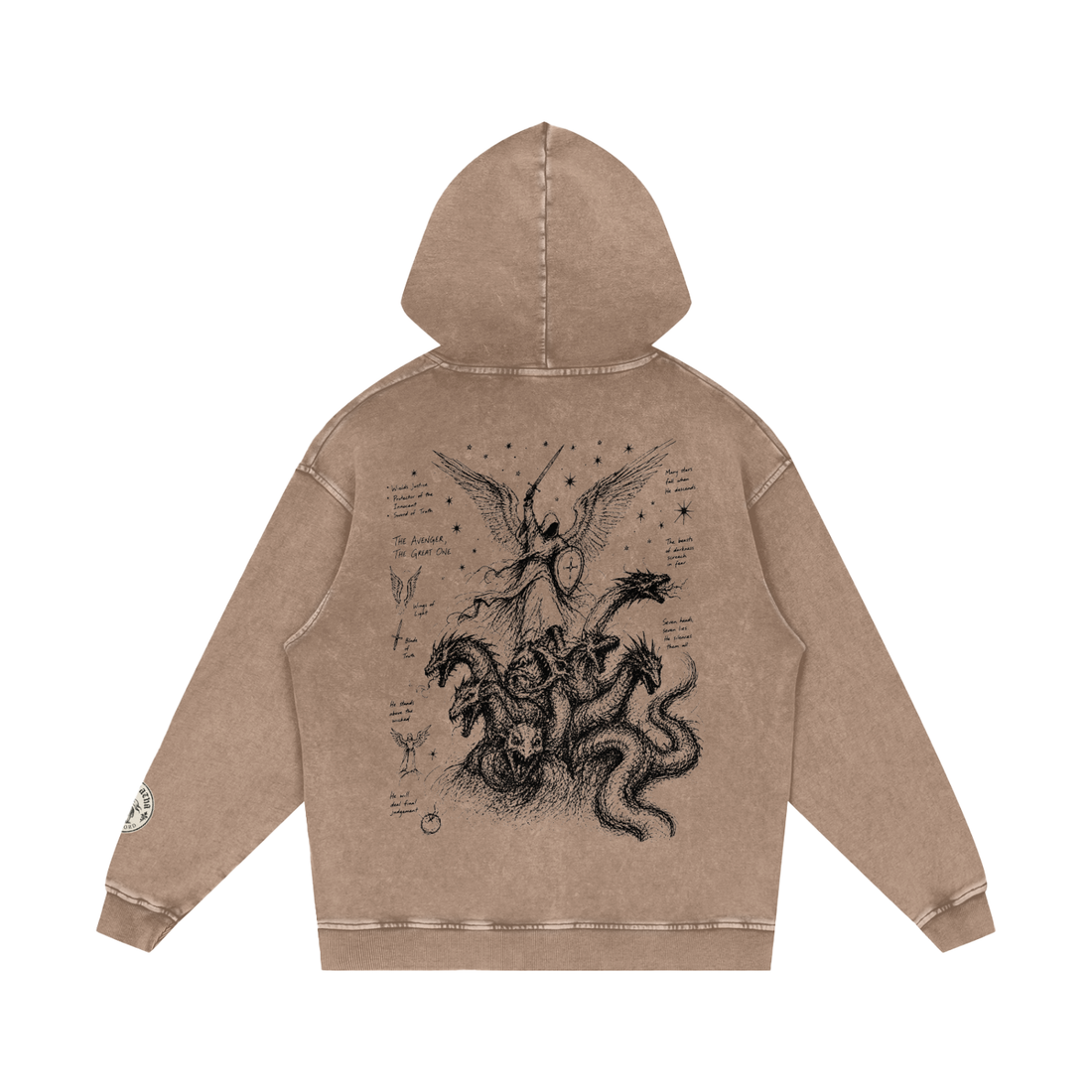 Sandy Khaki Christian hoodie — Michael and dragon back print, flat lay — Archangel Michael Hoodie